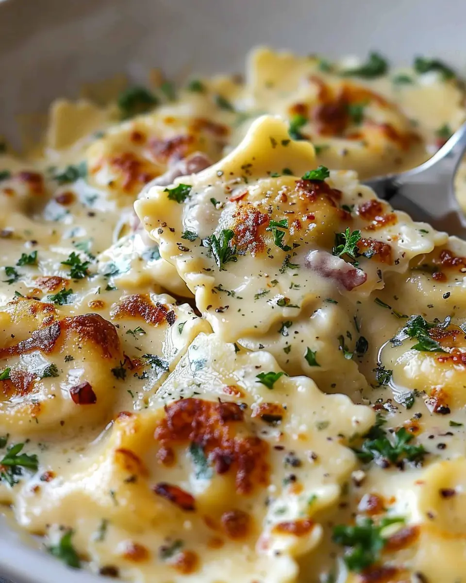 Olive Garden Ravioli Carbonara with Turkey Bacon and Chicken Ham