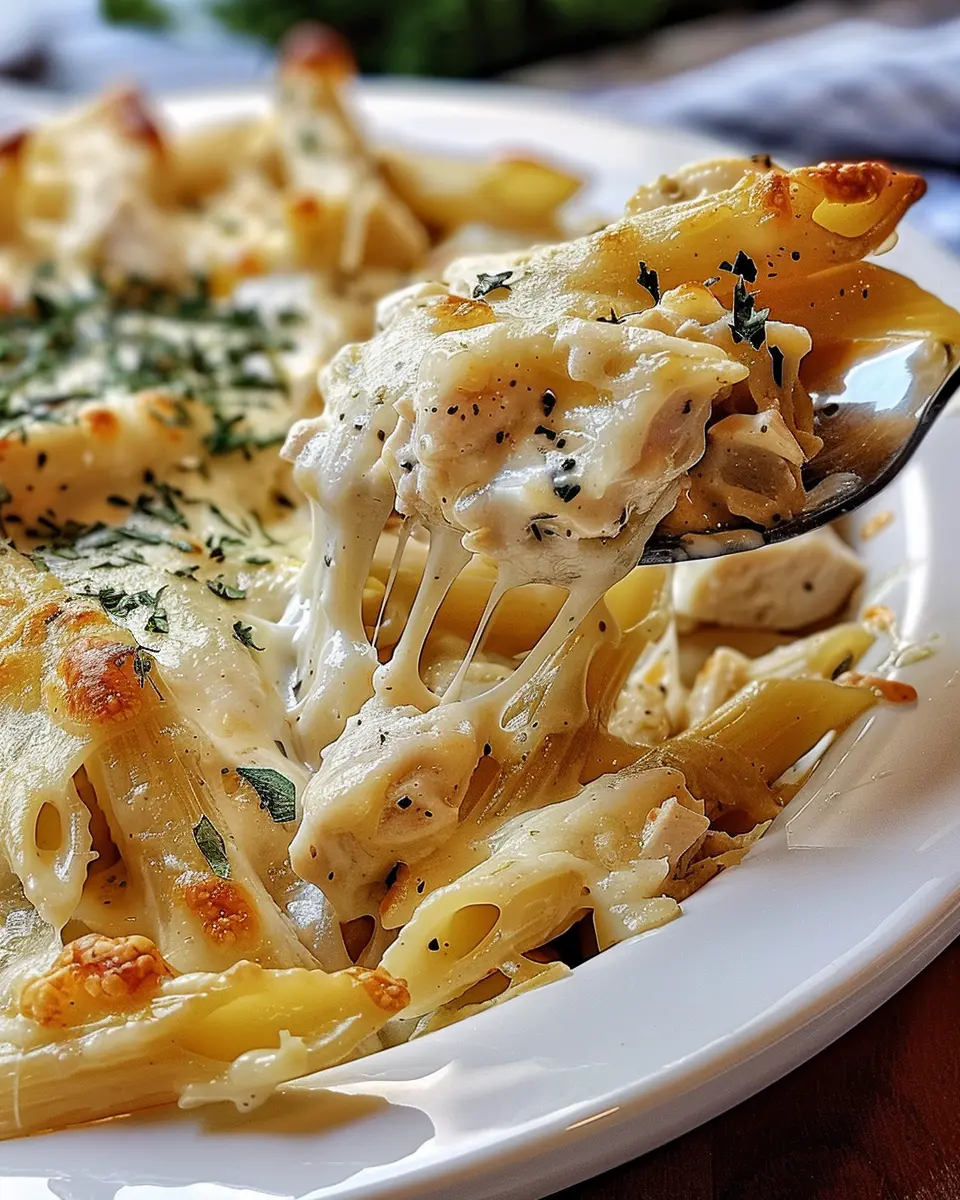 Chicken Alfredo Baked Ziti with Turkey Bacon and Chicken Ham Delight