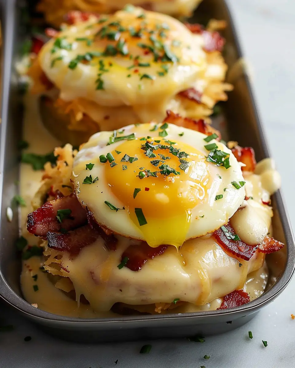 Hash Brown Eggs Benedict Bowls with Turkey Bacon and Chicken Ham