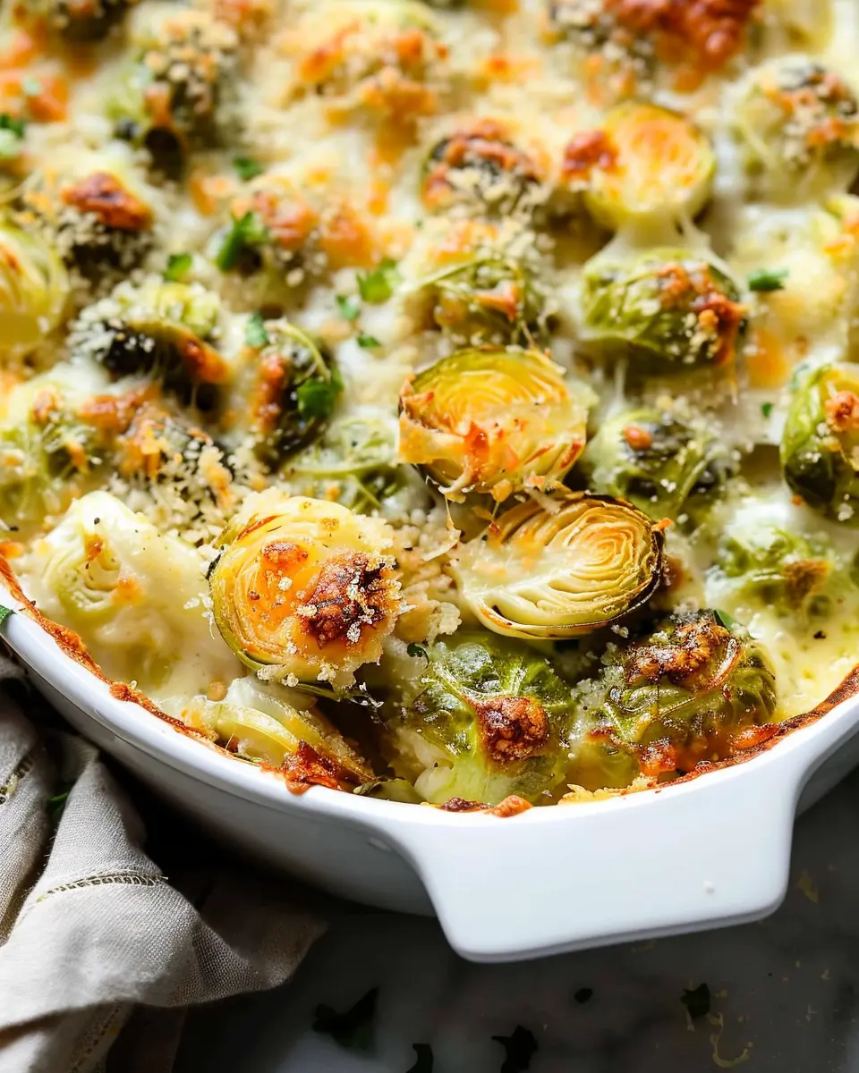 Garlicky Creamy Brussels Sprouts Au Gratin with Turkey Bacon Delight